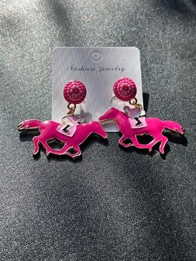 Kentucky Derby Pink Enamel Horse & Jockey Dangle Earrings